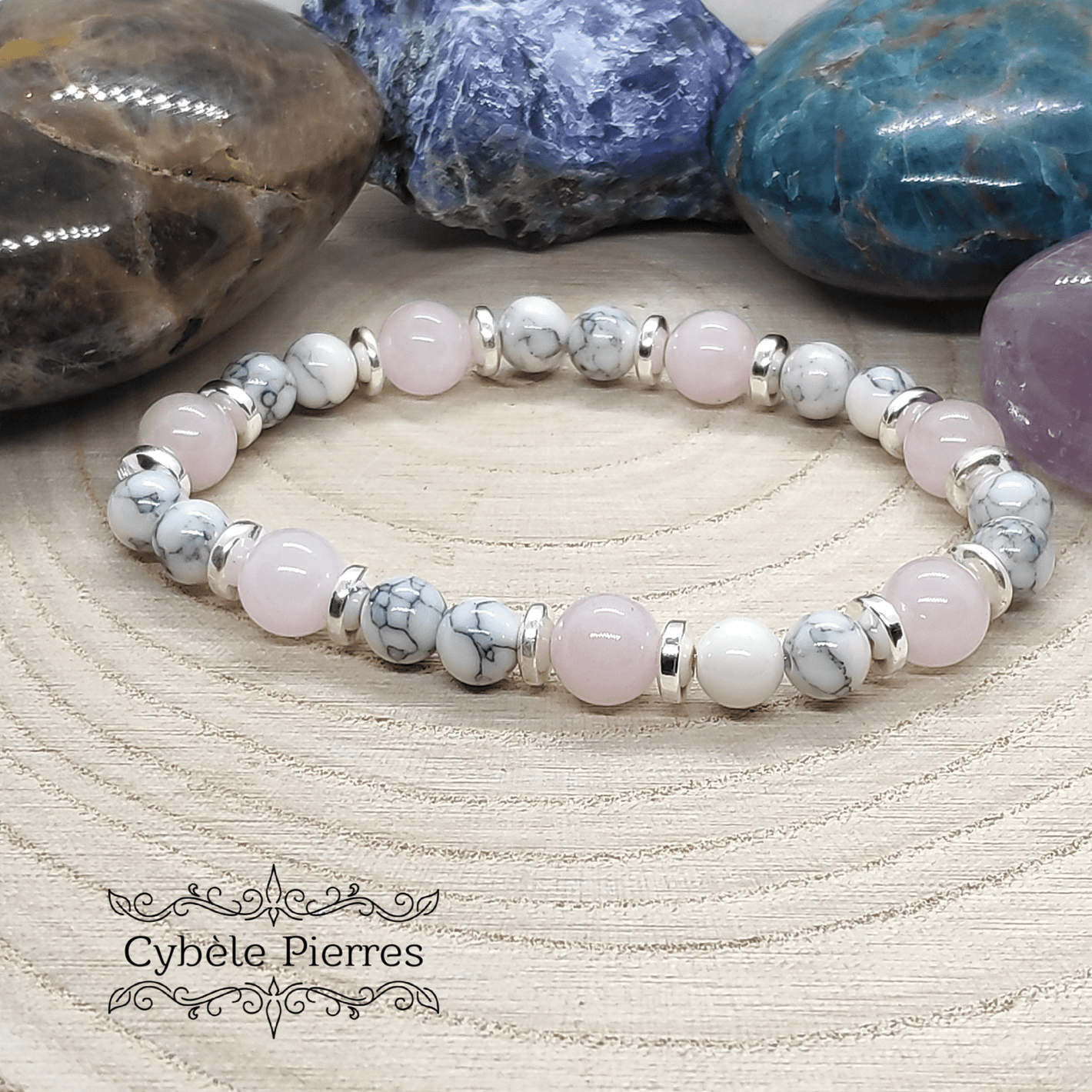 Bracelet Amour - Quartz rose et Howlite (6 et 8mm) - 18cm [🔥Dernier exemplaire!] - Cybele Pierres