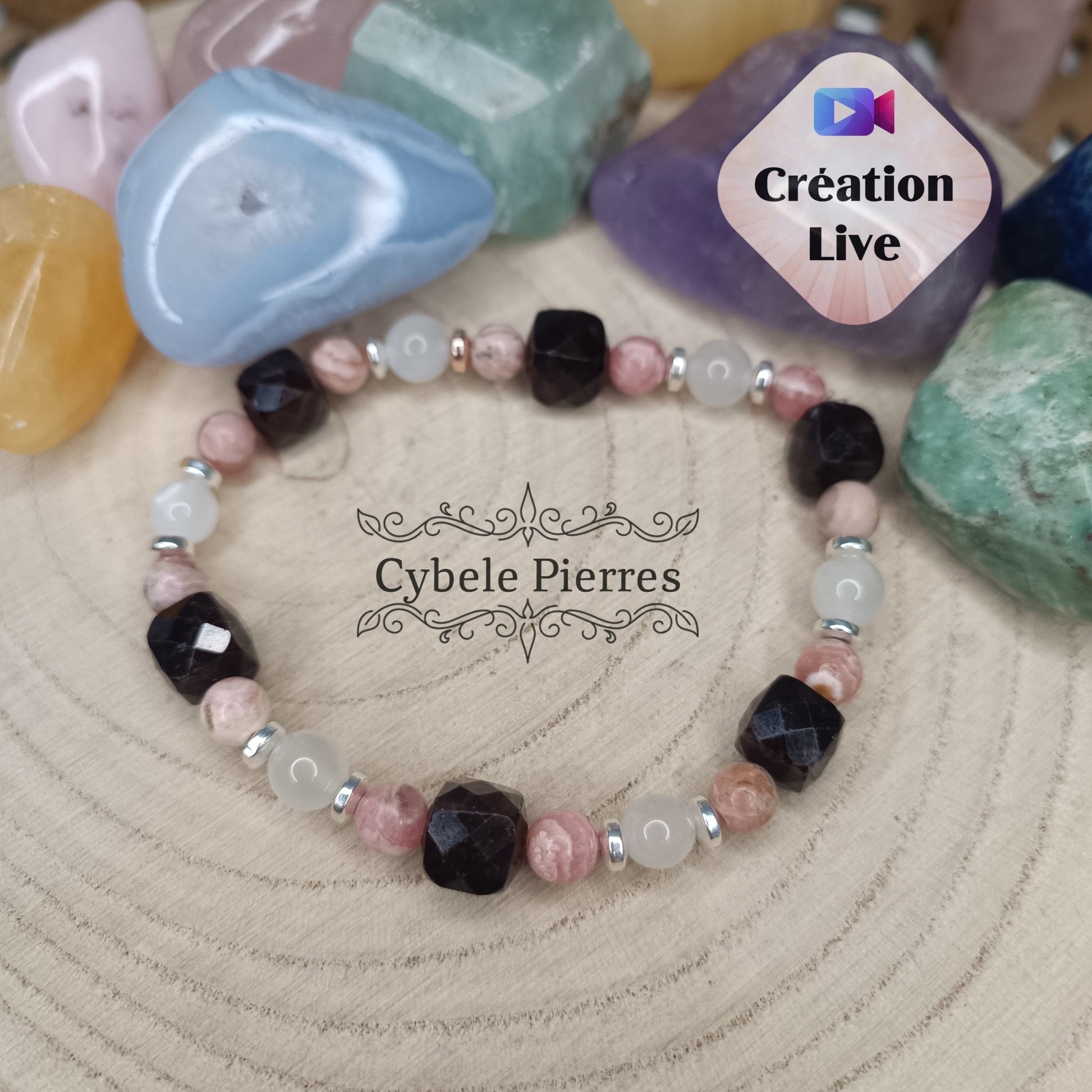 Bracelet Argenté "Belle Epoque" - Pierre de lune, Rhodochrosite et Grenat carré facetté (6 et 10mm) - 18cm [🔥Dernier exemplaire!] - Cybele Pierres