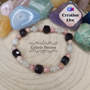 Bracelet Argenté "Belle Epoque" - Pierre de lune, Rhodochrosite et Grenat carré facetté (6 et 10mm) - 18cm [🔥Dernier exemplaire!] - Cybele Pierres