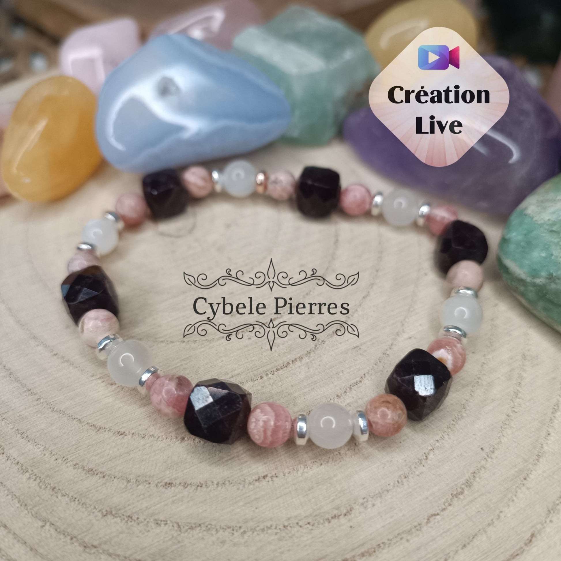 Bracelet Argenté "Belle Epoque" - Pierre de lune, Rhodochrosite et Grenat carré facetté (6 et 10mm) - 18cm [🔥Dernier exemplaire!] - Cybele Pierres