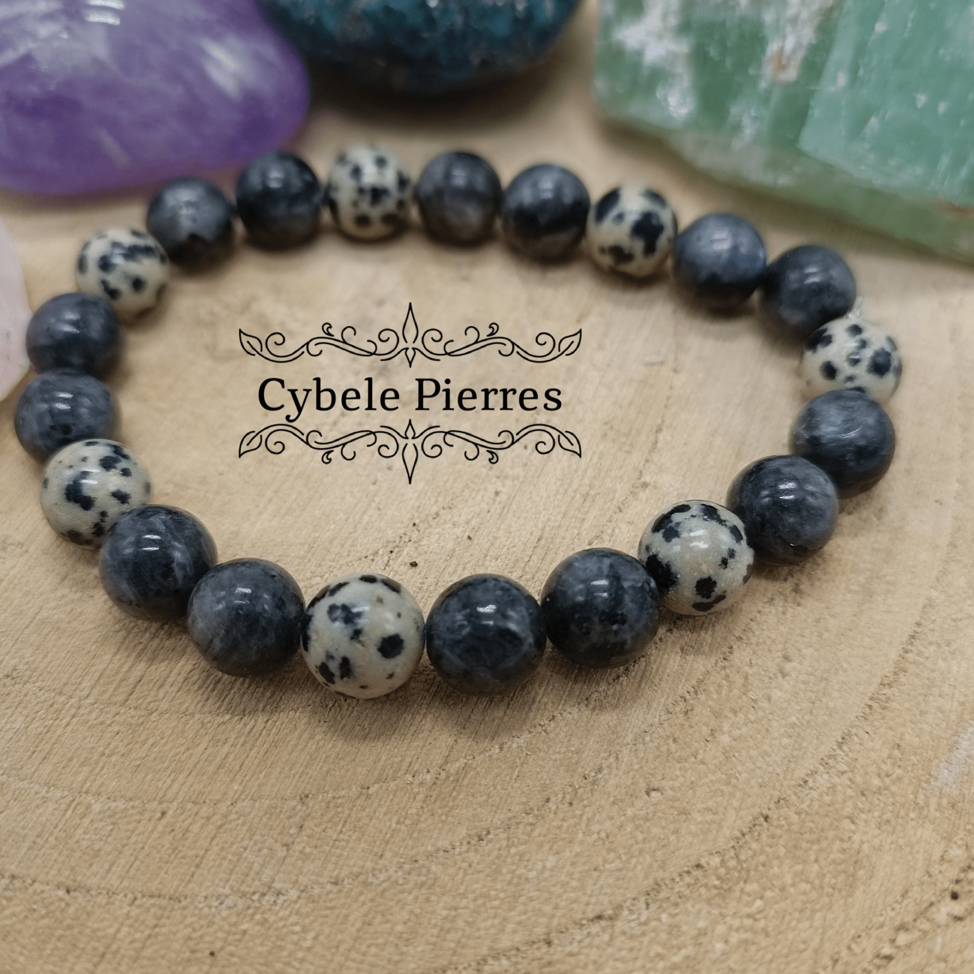 Bracelet Atoum - Jaspe Dalmatien et Larvikite (8mm) - 18cm - Cybele Pierres
