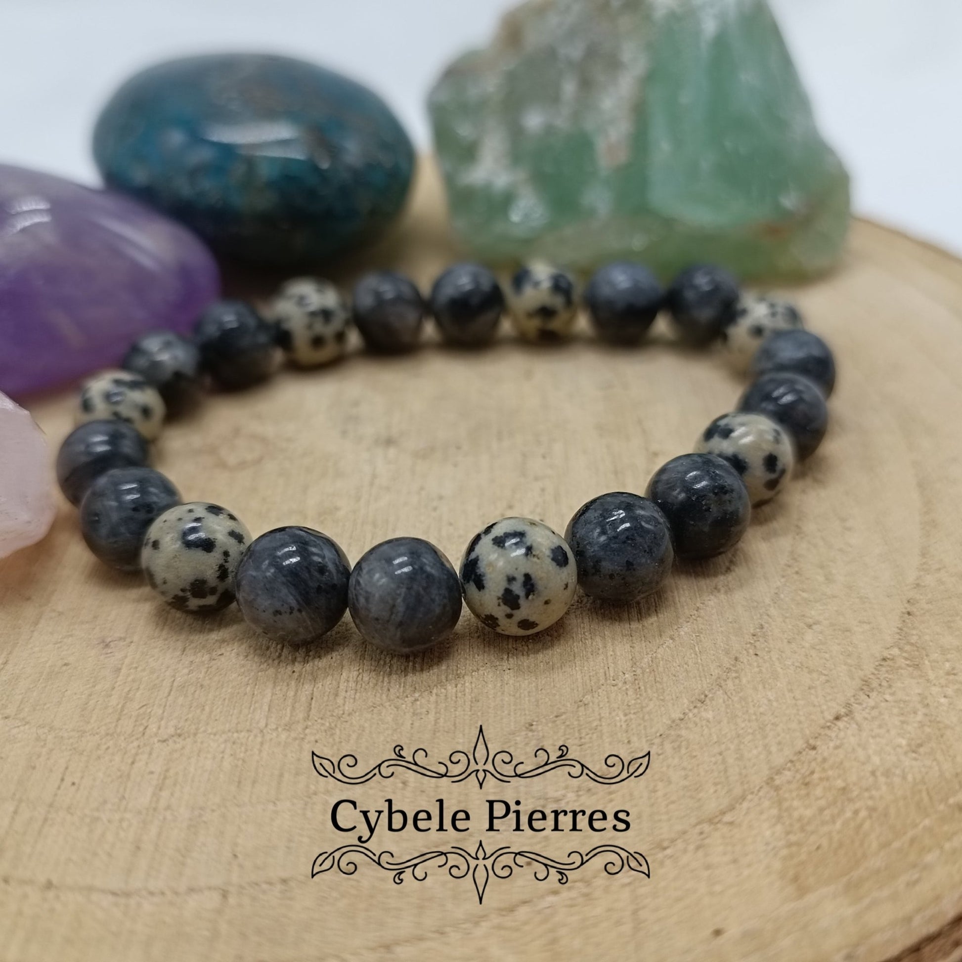 Bracelet Atoum - Jaspe Dalmatien et Larvikite (8mm) - 18cm - Cybele Pierres