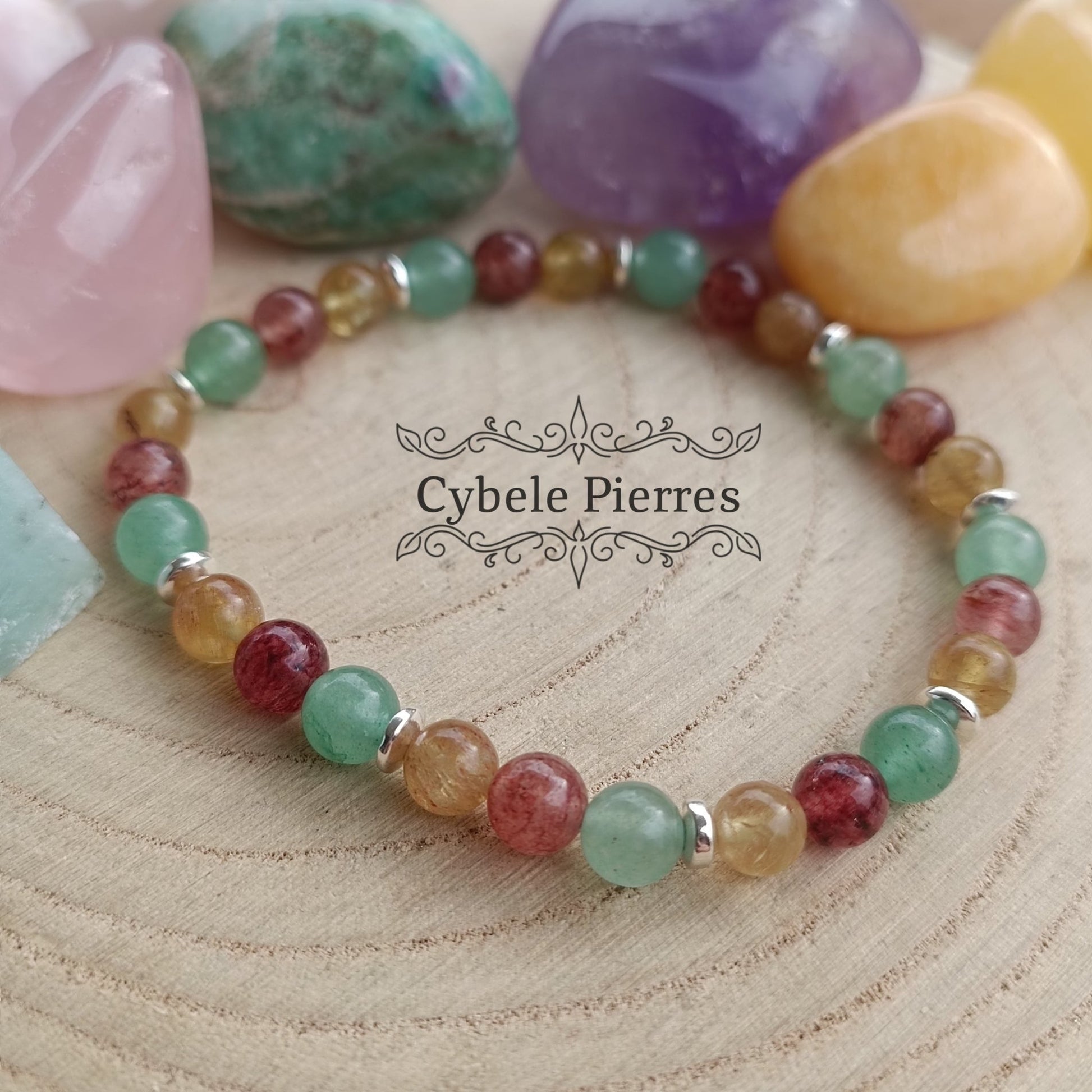 Bracelet Aufaniae - Apatite jaune, Aventurine verte et rouge (6mm) - 18cm - Cybele Pierres