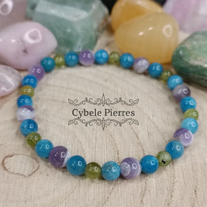Bracelet Bona Dea : Péridot, Apatite bleue et Améthyste (4 et 6mm) - 18cm - Cybele Pierres