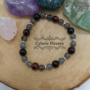 Bracelet Bouclier - Labradorite et Oeil de Taureau (6 et 8mm) - 18cm - Cybele Pierres