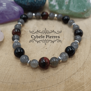 Bracelet Bouclier - Labradorite et Oeil de Taureau (6 et 8mm) - 18cm - Cybele Pierres