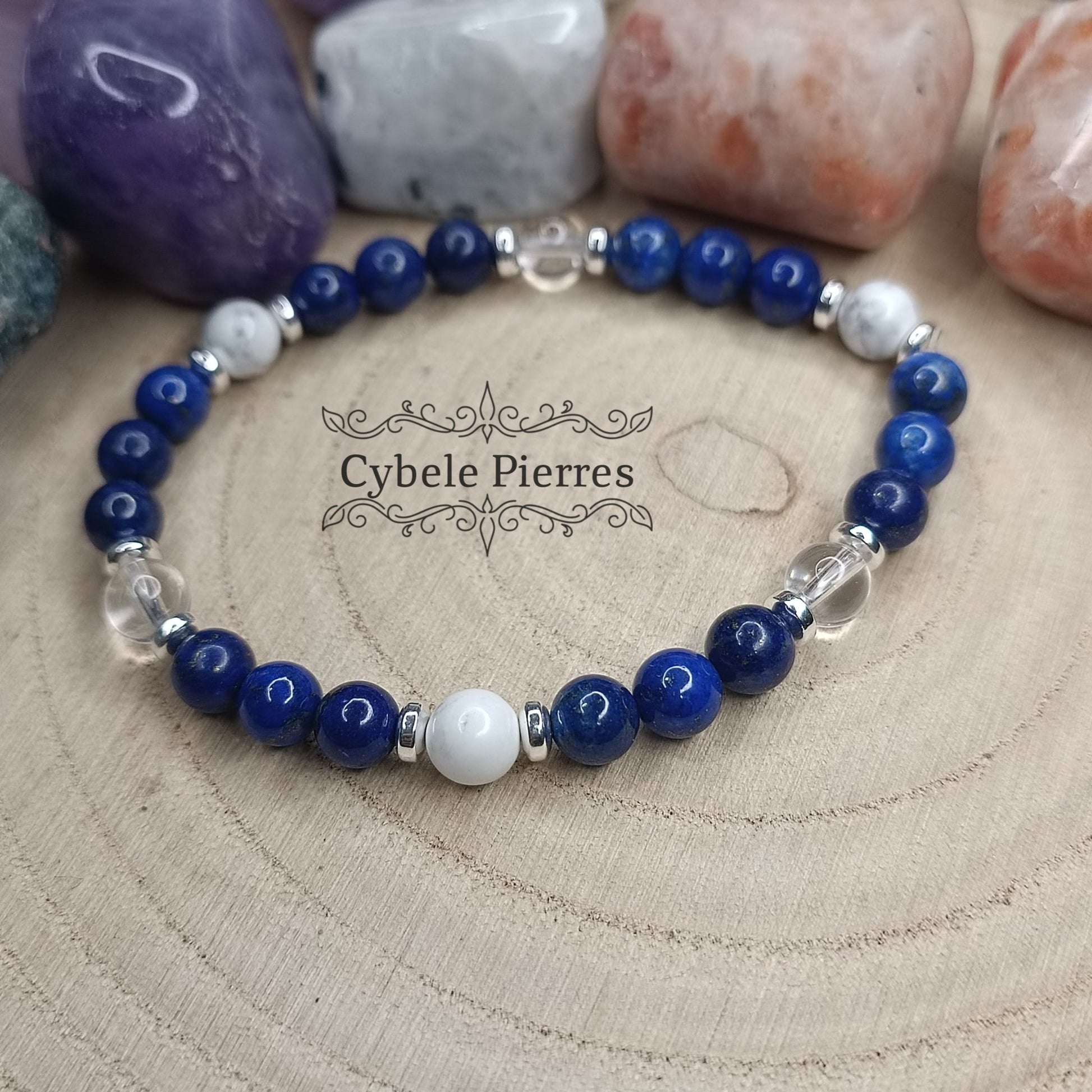 Bracelet Breton - Lapis - Lazuli, Cristal de roche et Howlite (6mm) - 17cm - Cybele Pierres