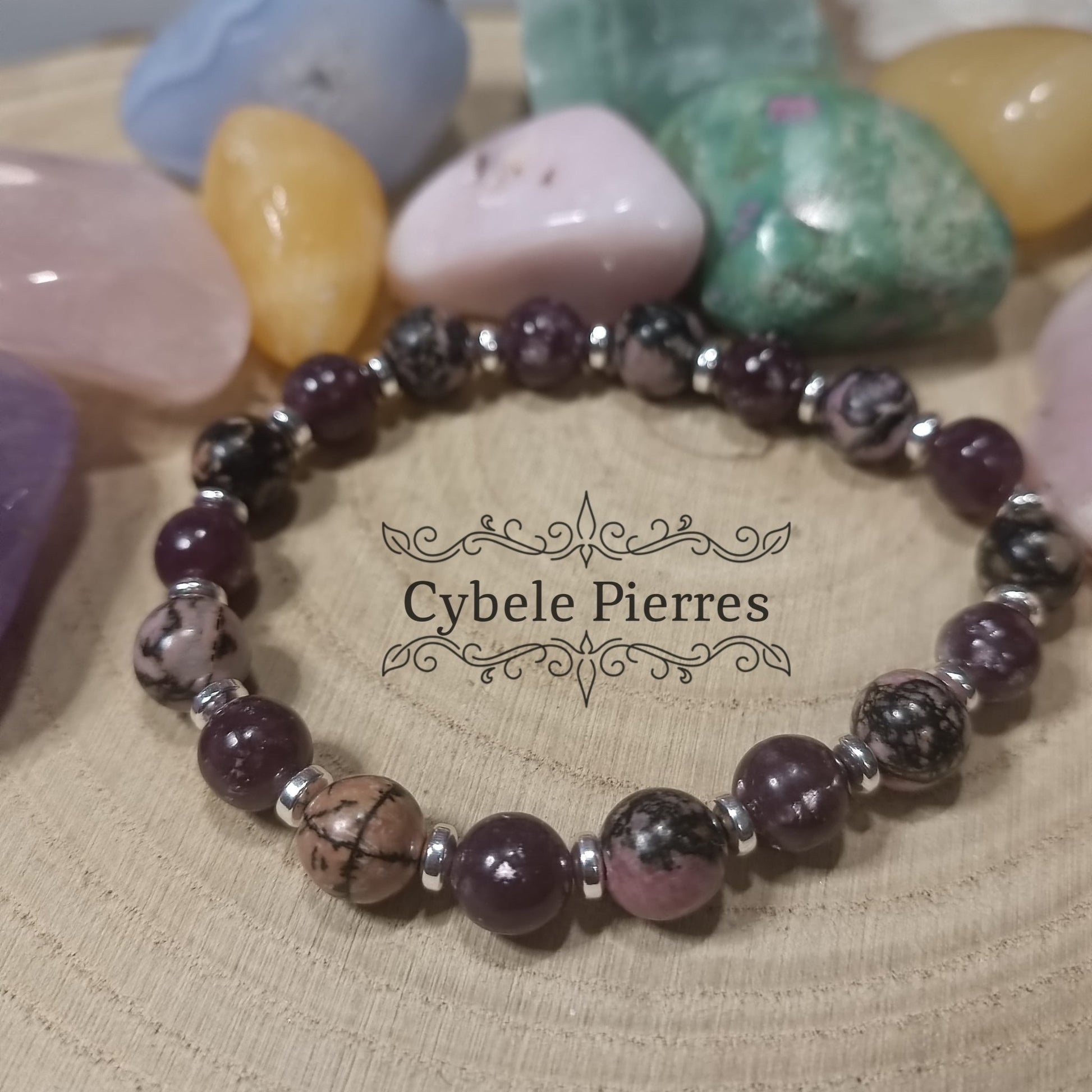 Bracelet "Ca ira" - Lépidolite et Rhodonite (8mm) - 18cm - Cybele Pierres