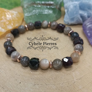 Bracelet Calin - Pierre de lune noire et Grenat carré facettée (8mm) - 19cm - Cybele Pierres