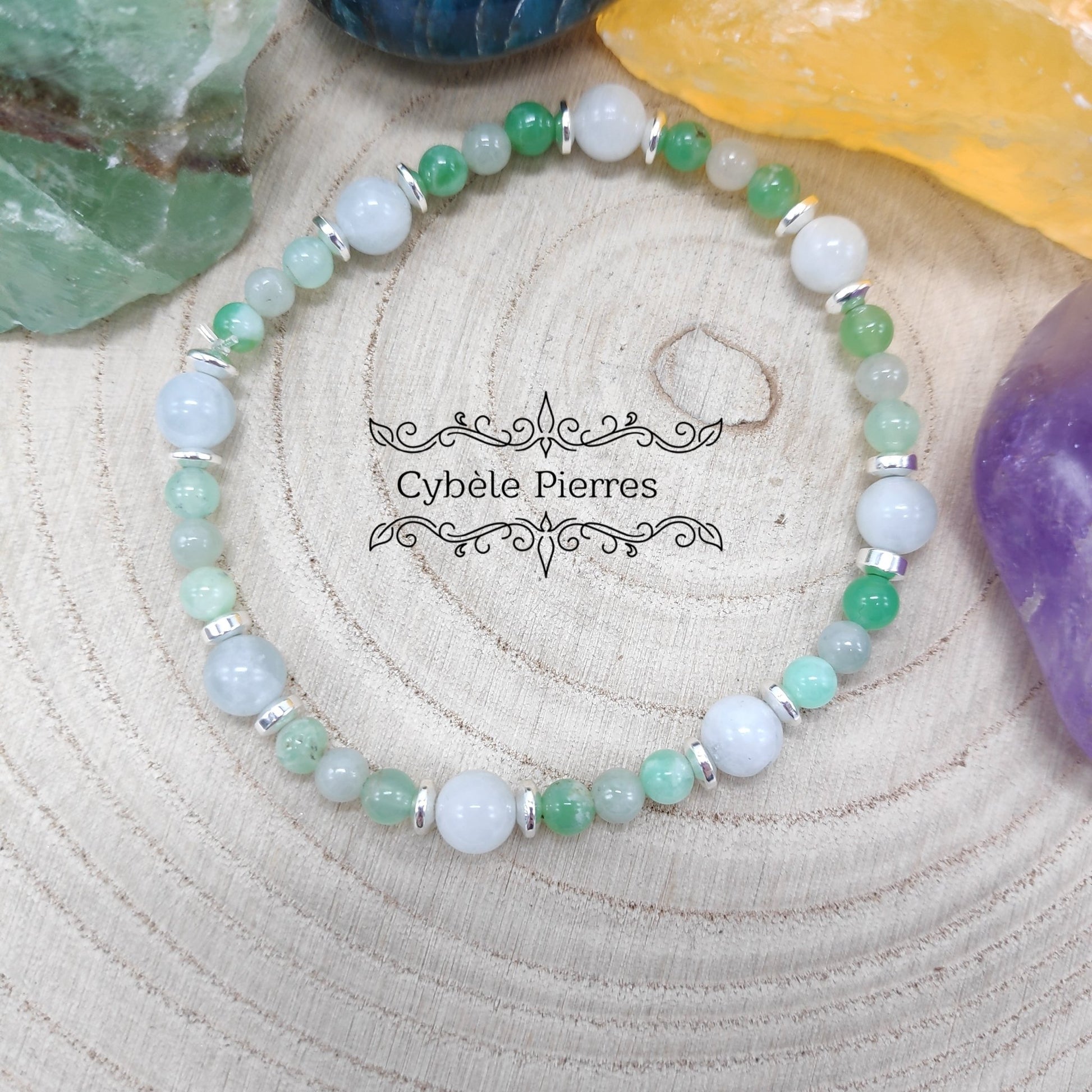 Bracelet Calme et Equilibre :Aigue - marine, Chrysoprase et Jade vert de Chine (6mm et 3mm) - 18cm - Cybele Pierres