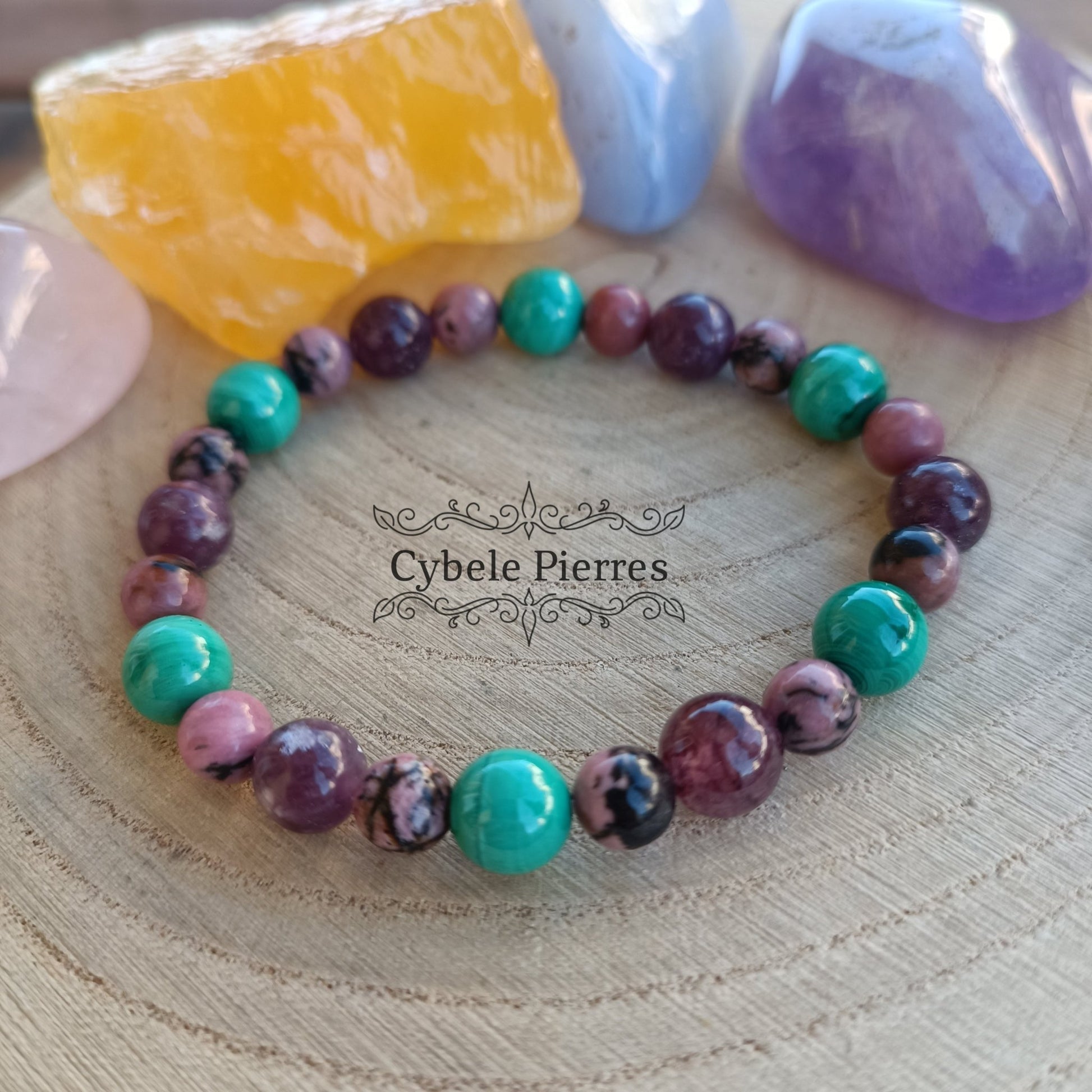 Bracelet Changement et Réconfort - Malachite, Lépidolite et Rhodonite (6 et 8mm) - 17cm - Cybele Pierres