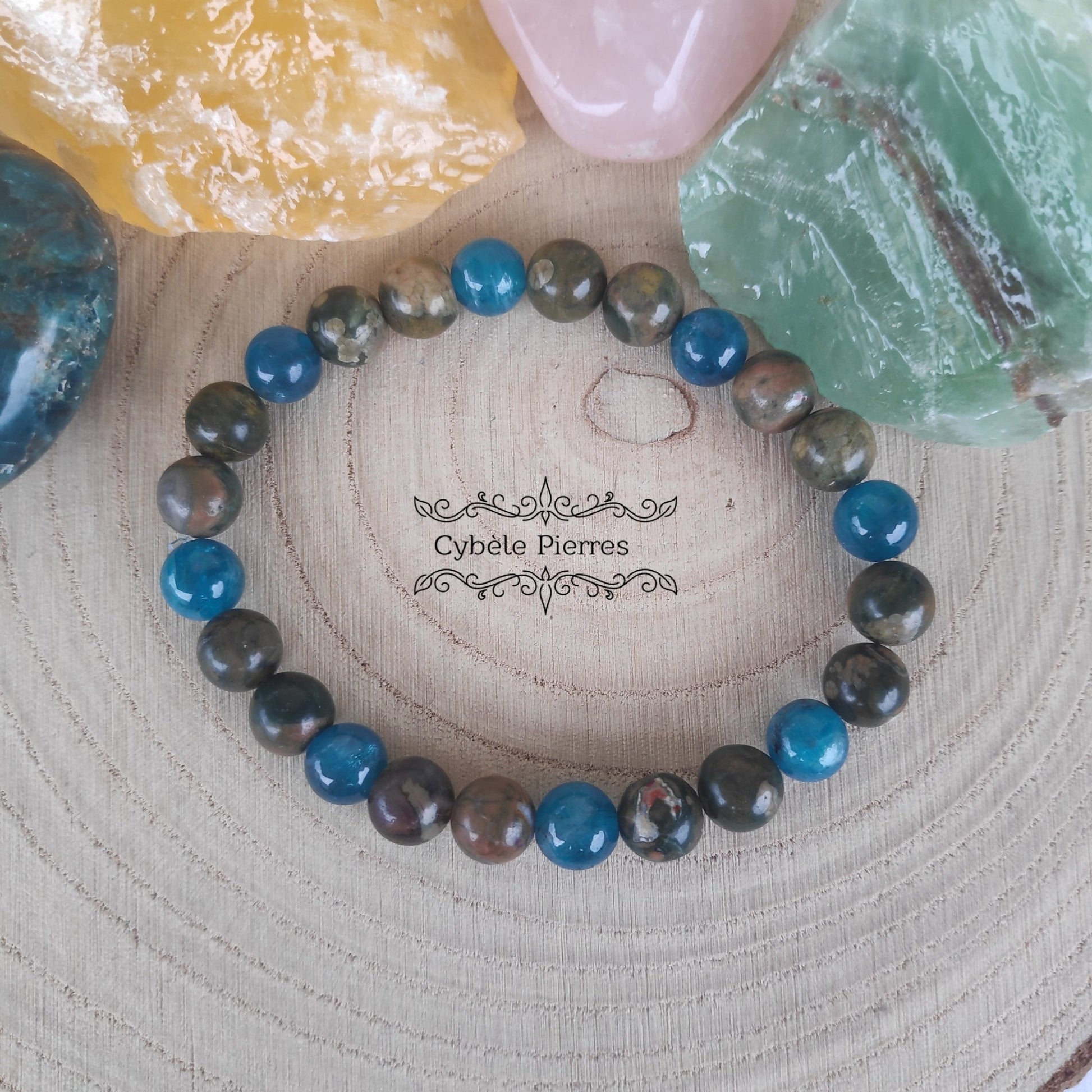 Bracelet Cheminement - Apatite bleue et Ryolite (8mm) - 19cm - Cybele Pierres