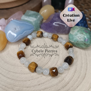 Bracelet "Concrétisation des rêves" - Pierre de lune et oeil de tigre (6 et 8mm) - 17cm - Cybele Pierres