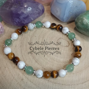 Bracelet Connexion Universelle - Aventurine, Oeil de tigre et Howlite (6mm) - 18cm - Cybele Pierres