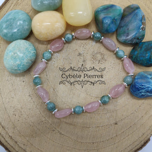 Bracelet Consécration - Jade vert de Chine et Quartz Rose (6 et 10mm irrégulière) - 17.5cm - Cybele Pierres