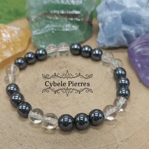Bracelet Coup de foudre - Hématite et Cristal de roche (8mm) - 19cm - Cybele Pierres