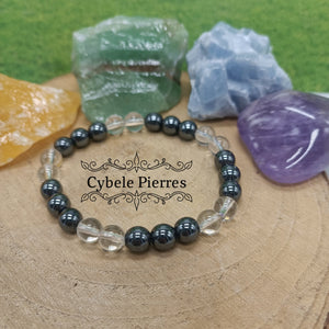 Bracelet Coup de foudre - Hématite et Cristal de roche (8mm) - 19cm - Cybele Pierres
