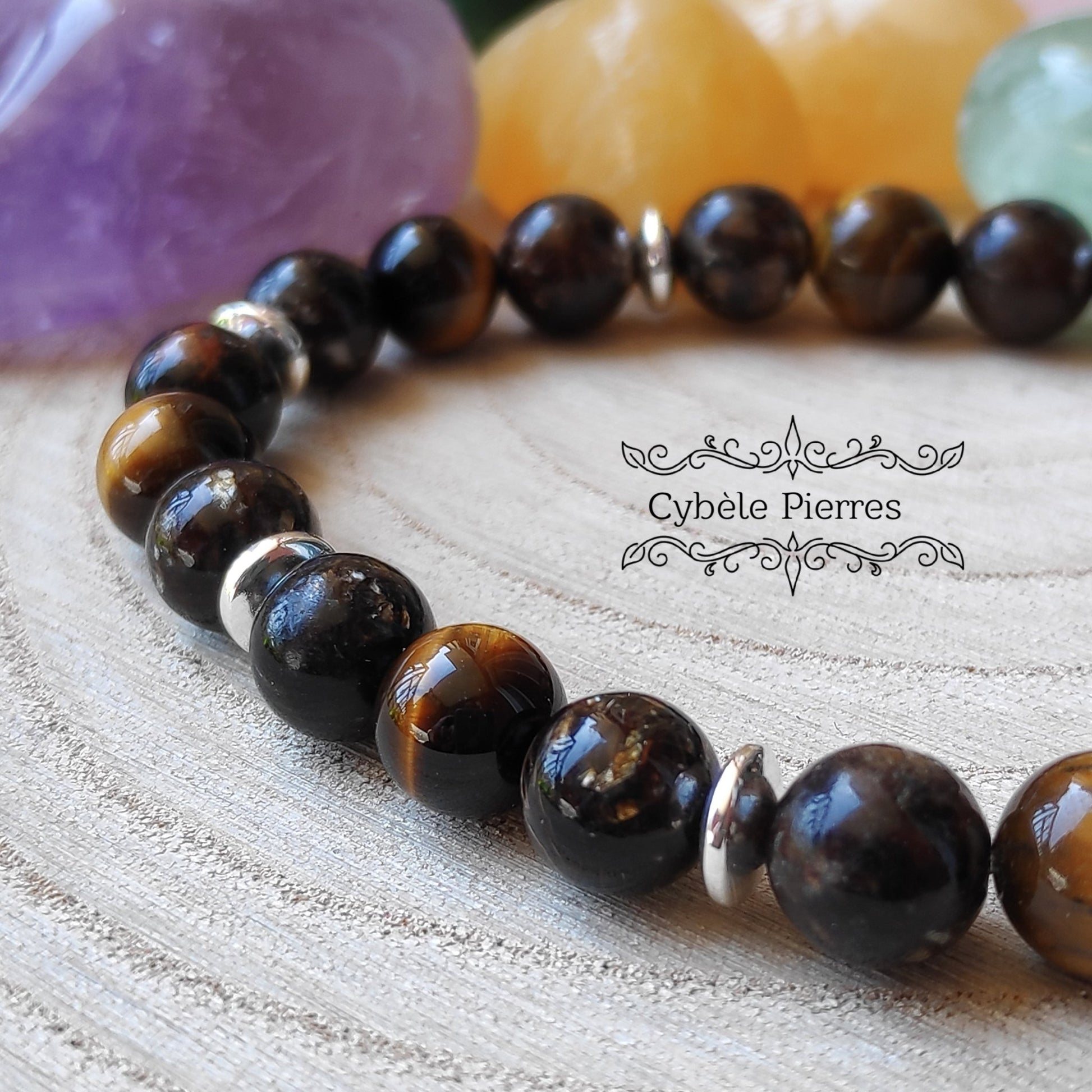 Bracelet Déblocage et Détermination : Biotite et Œil de tigre (8mm) - 18cm - Cybele Pierres