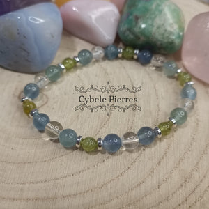 Bracelet Déconnexion : Cristal de roche, Péridot et Fluorine bleue (4mm et 6mm) - 17cm - Cybele Pierres