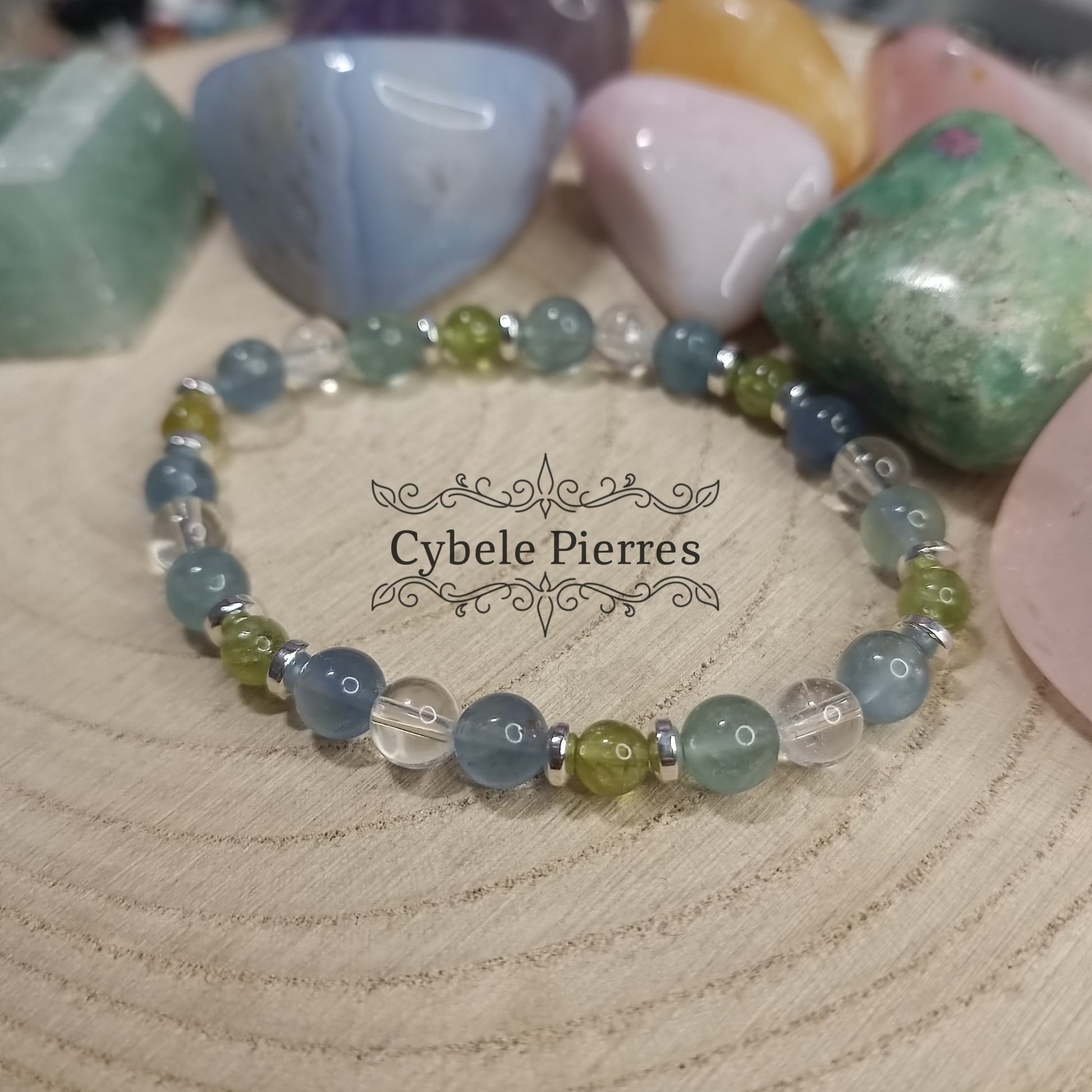 Bracelet Déconnexion : Cristal de roche, Péridot et Fluorine bleue (4mm et 6mm) - 17cm - Cybele Pierres