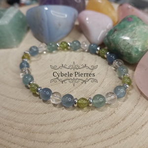Bracelet Déconnexion : Cristal de roche, Péridot et Fluorine bleue (4mm et 6mm) - 17cm - Cybele Pierres