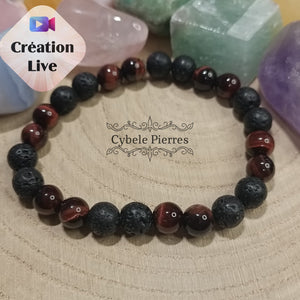 Bracelet "Déplacer des montagnes" : Oeil de taureau et Pierre de Lave (8mm) - 19cm - Cybele Pierres