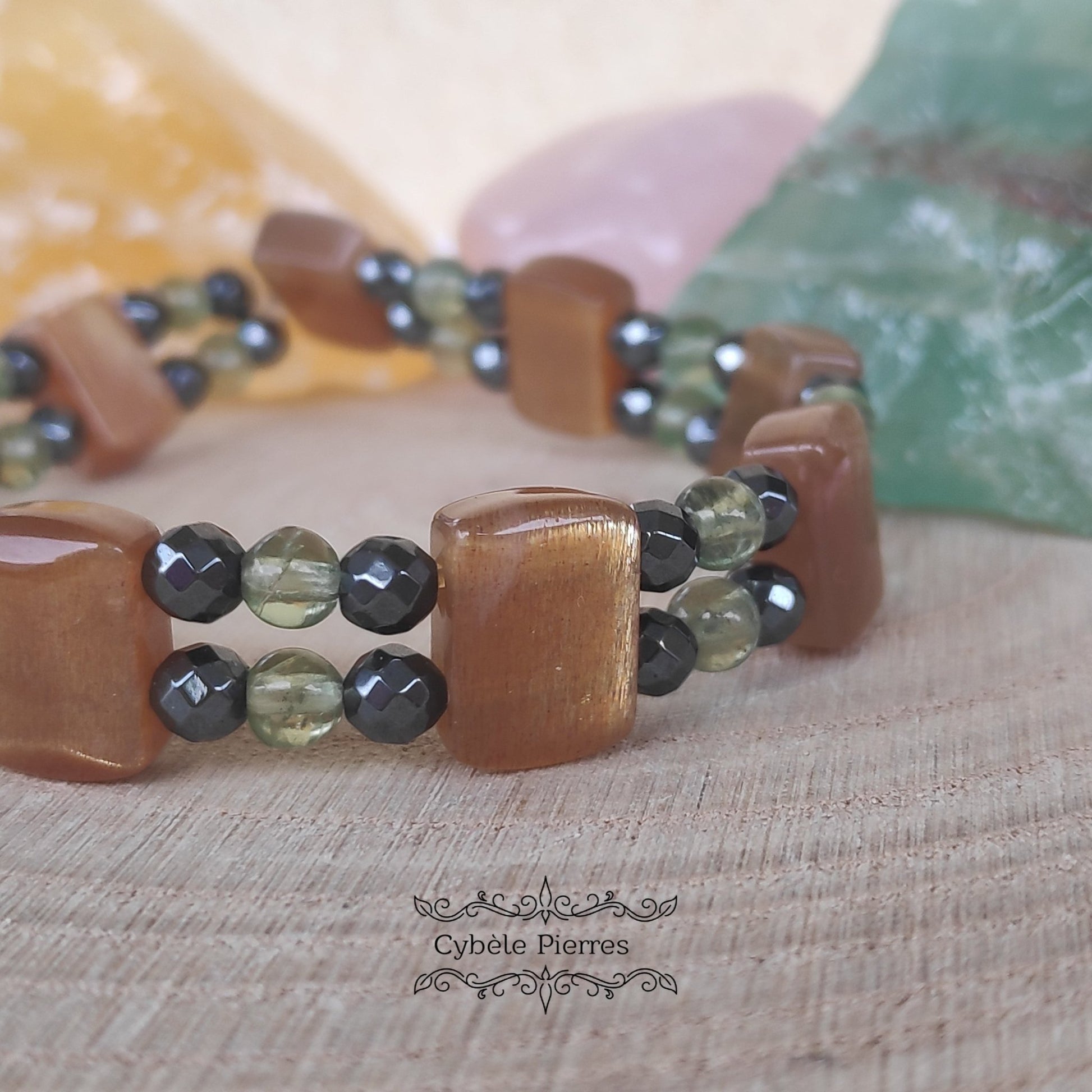 Bracelet Double - Apatite verte et Pierre de Soleil (4mm) - 18cm [🔥Dernier exemplaire!] - Cybele Pierres