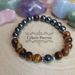 Bracelet Double Force - Oeil de tigre et Hématite (8mm) - 19cm - Cybele Pierres
