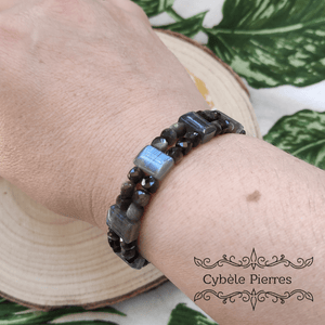 Bracelet Double Magnifique - Obsidienne argentée Facettée et Labradorite (4 et 6mm) - 18cm - Cybele Pierres