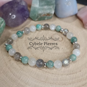 Bracelet Douceur Hivernale - Amazonite, Labradorite et Pierre de Lune blanche (6mm) - 17cm - Cybele Pierres
