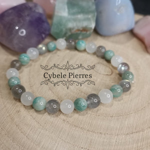 Bracelet Douceur Hivernale - Amazonite, Labradorite et Pierre de Lune blanche (6mm) - 17cm - Cybele Pierres