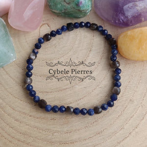 Bracelet Embruns : Obsidienne argentée carrée facettée et Sodalite facetté (3 et 4mm) - 18cm - Cybele Pierres