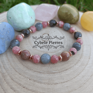 Bracelet Enchantement - Pierre de lune, Labradorite facettée et Rhodochrosite (6mm et 8mm) - 19cm - Cybele Pierres