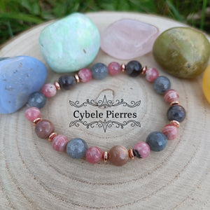 Bracelet Enchantement - Pierre de lune, Labradorite facettée et Rhodochrosite (6mm et 8mm) - 19cm - Cybele Pierres