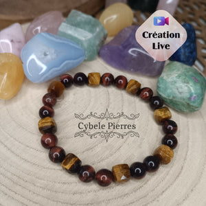Bracelet "Enraciné" - Oeil de tigre carré facetté et Oeil de taureau (8mm) - 19cm - Cybele Pierres