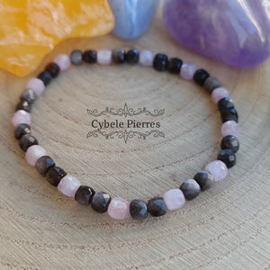 Bracelet Epanouissement Intérieure - Kunzite et Obsidienne argenté carré facetté (4mm) - 18cm - Cybele Pierres