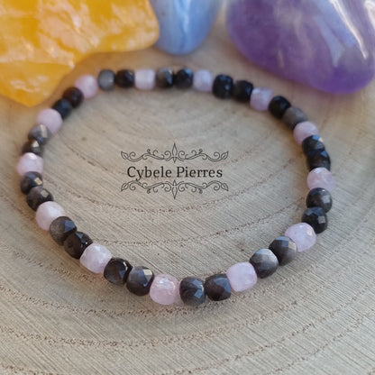 Bracelet Epanouissement Intérieure - Kunzite et Obsidienne argenté carré facetté (4mm) - 18cm - Cybele Pierres