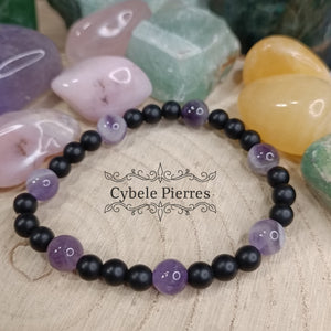 Bracelet Equilibre - Amethyste et Onyx mat (6 et 8 mm) - 17cm - Cybele Pierres