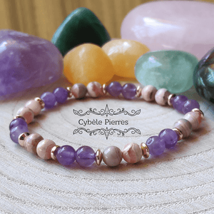 Bracelet Equilibre et Energie - Rhodochrosite et Améthyste (6mm) - 18cm - Cybele Pierres