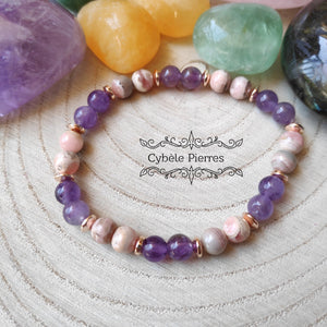 Bracelet Equilibre et Energie - Rhodochrosite et Améthyste (6mm) - 18cm - Cybele Pierres
