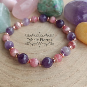 Bracelet Equilibre et Passion - Rhodochrosite et Améthyste (6 et 8mm) - 17cm - Cybele Pierres