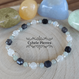 Bracelet Espoir et Relations - Iolite (Cordiérite), Jade verte et Péristérite (Labradorite blanche) - (3mm et 6mm) - 18cm - Cybele Pierres