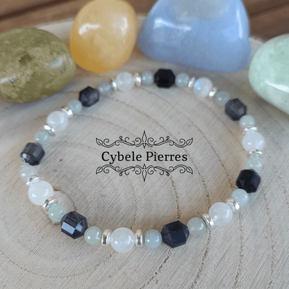 Bracelet Espoir et Relations - Iolite (Cordiérite), Jade verte et Péristérite (Labradorite blanche) - (3mm et 6mm) - 18cm - Cybele Pierres