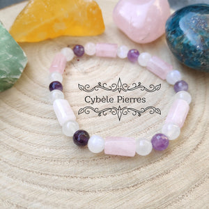 Bracelet Flot intérieure - Labradorite blanche, Quartz rose et Améthyste (6 et 10mm) - 17cm - Cybele Pierres