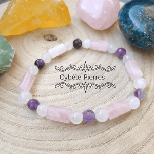 Bracelet Flot intérieure - Labradorite blanche, Quartz rose et Améthyste (6 et 10mm) - 17cm - Cybele Pierres