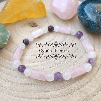 Bracelet Flot intérieure - Labradorite blanche, Quartz rose et Améthyste (6 et 10mm) - 17cm - Cybele Pierres