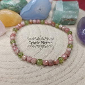 Bracelet Force d'Ame - Rhodochrosite carrée facettée et Péridot (6mm) - 18cm - Cybele Pierres