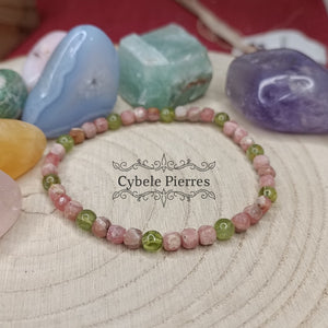 Bracelet Force d'Ame - Rhodochrosite carrée facettée et Péridot (6mm) - 18cm - Cybele Pierres