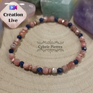 Bracelet Force délicate - Rhodochrosite carrée facetté & Sodalite facettée (3 et 4mm) - 17cm - Cybele Pierres