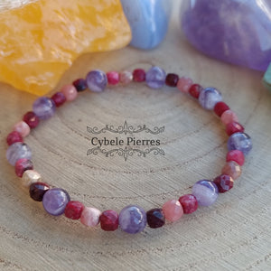 Bracelet Fruits des bois - Thulite, Rhodochrosite et Améthyste (4 et 6mm) - 17cm - Cybele Pierres